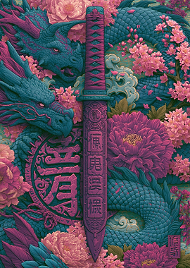 Dragon and Katana with Flowers