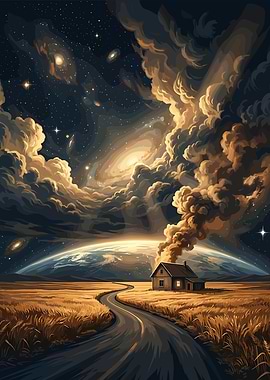 Cosmic Landscape with House and Road