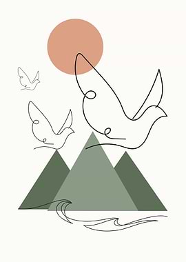 Minimalist Birds Over Mountains
