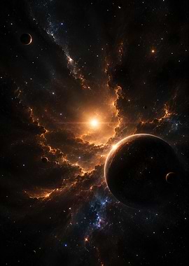 Cosmic Nebula with Planets and Star