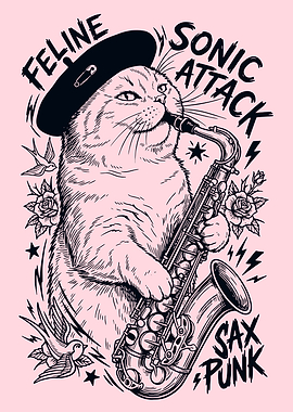 Cat Playing Saxophone Punk Style
