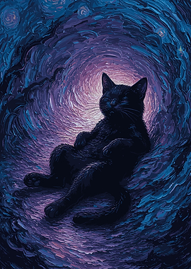 Black Cat in Starry Night Style