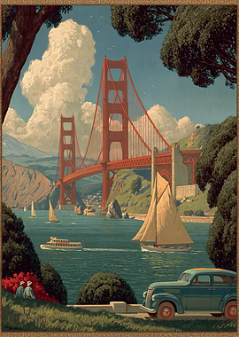 Golden Gate Bridge with Sailboats and Vintage Car