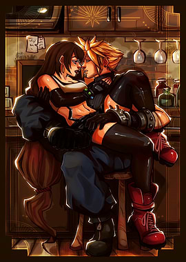 Cloud and Tifa in a romantic embrace