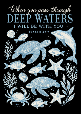 Deep Waters Scripture Poster, Ocean Marine Life Wall Art, Isaiah 43 2 Inspirational Print