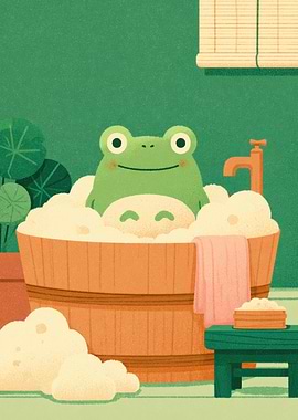 Cute Frog Bathing in Bubbles