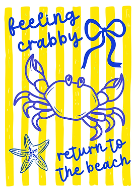 Feeling Crabby Poster, Summer Beach Wall Art, Cute Coastal Crab Starfish Print