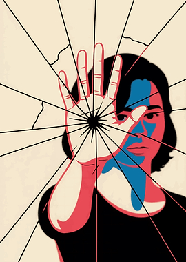 Woman's hand blocking view with cracked glass effect