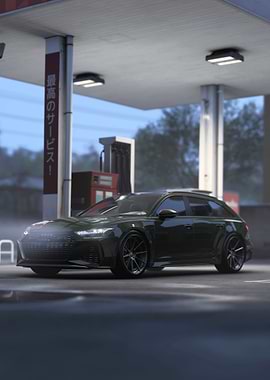 Dark Green Audi RS6 at Gas Station in Japan Tokyo