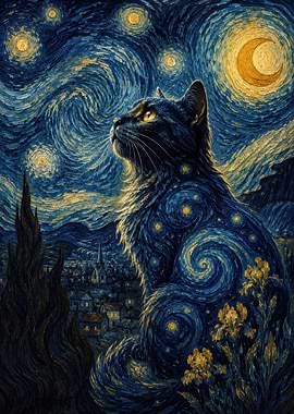 Starry Night Cat Painting