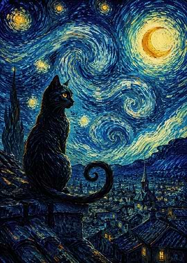 Black Cat on Rooftop Under Starry Night Sky
