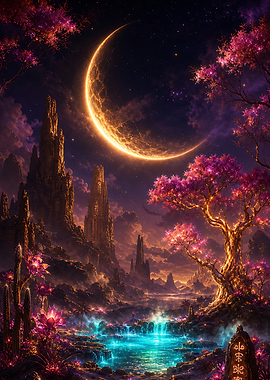 Fantasy Landscape with Crescent Moon