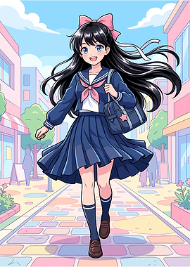 Anime Schoolgirl Walking in City