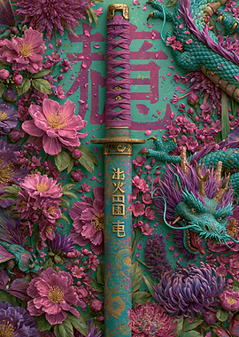 Dragon and Katana with Flowers