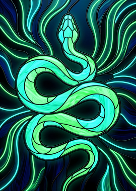Stained Glass Snake with Neon Flames
