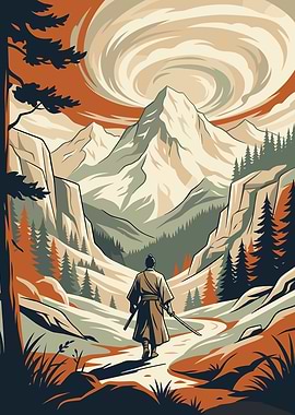 Samurai walking towards mountains