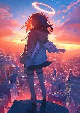 Angel overlooking a city at sunset