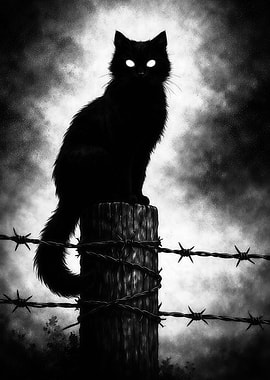 Black Cat on Barbed Wire Post