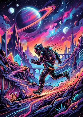 Astronaut running on alien planet