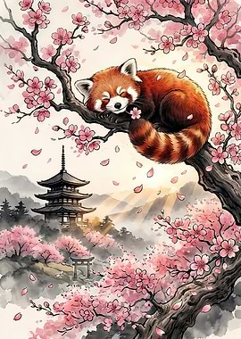 Peaceful Red Panda - Japanese Sakura & Pagoda Art