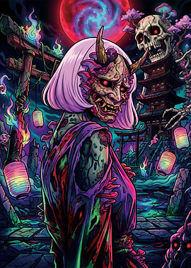 Demonic Oni Mask with Skull and Pagoda