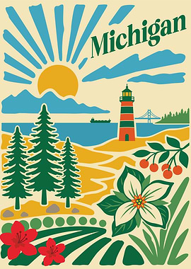 Michigan Landscape with Lighthouse and Sun