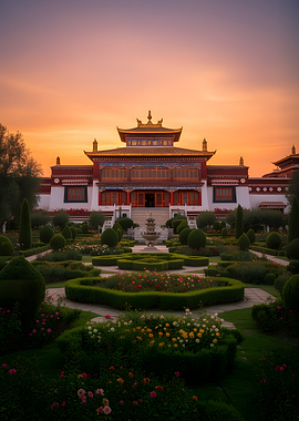 Tibetan Monastery Garden at Sunset