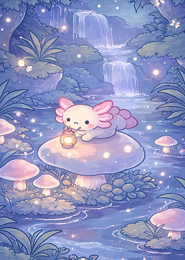 Cute Axolotl with Lantern in Magical Forest