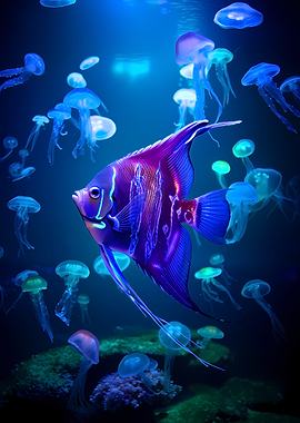 Angelfish and Jellyfish in Blue Water