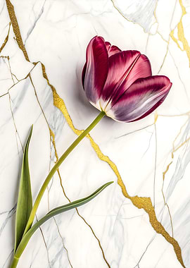 Elegant Tulip: Purple White Bloom on Marble Gold Veins