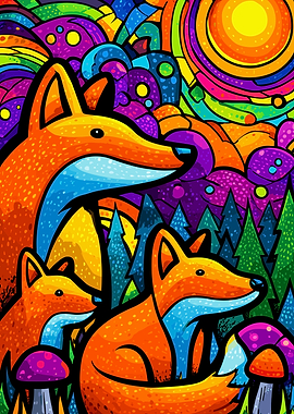 Vibrant Foxes in a Psychedelic Forest