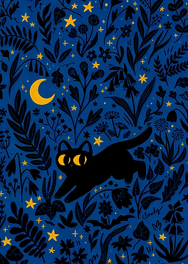 Black Cat in a Starry Night Garden
