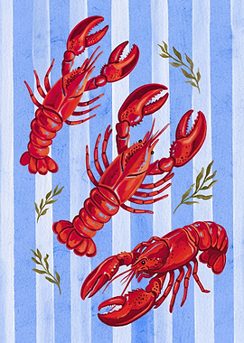Three Red Lobsters on Blue Stripes