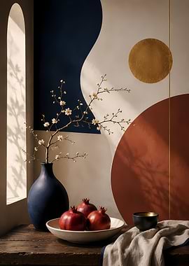 Still life with pomegranates and flowers