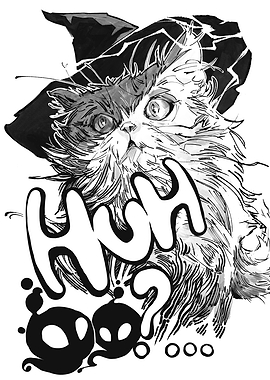 Cat in Witch Hat with 'HUH?' Text