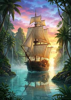 Pirate Ship Sailing Through Tropical Waterfalls