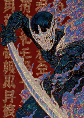 Samurai Warrior with Fiery Mask and Sword