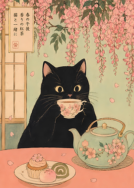 Black Cat Tea Time with Cherry Blossoms