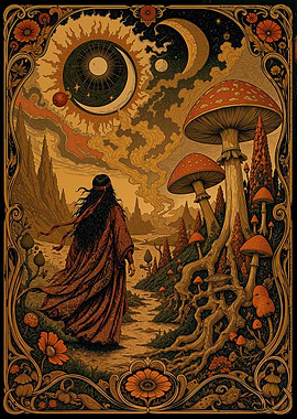 Psychedelic Mushroom Landscape with Celestial Bodies