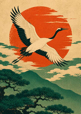 Crane flying over mountains at sunrise