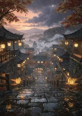 Rainy Japanese Village at Dusk