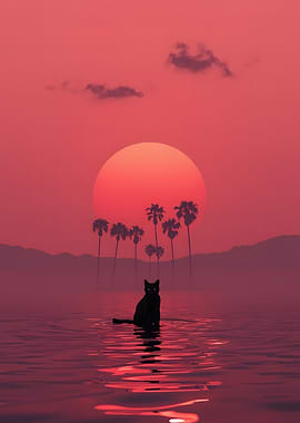 Black Cat in Water at Sunset