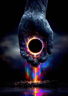 Hand holding a cosmic eclipse