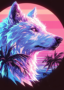 Retro Wolf Sunset Palm Trees