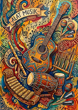 Vibrant Indonesian Musical Instruments Painting