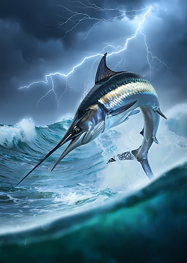 Marlin Leaping Through Stormy Seas