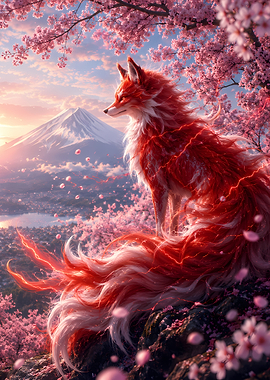 Mythical Fox Under Cherry Blossoms