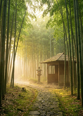 Serene Bamboo Forest Path with Tea House