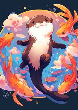 Cute Otter and Goldfish