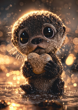 Cute Baby Otter Holding Heart Stone